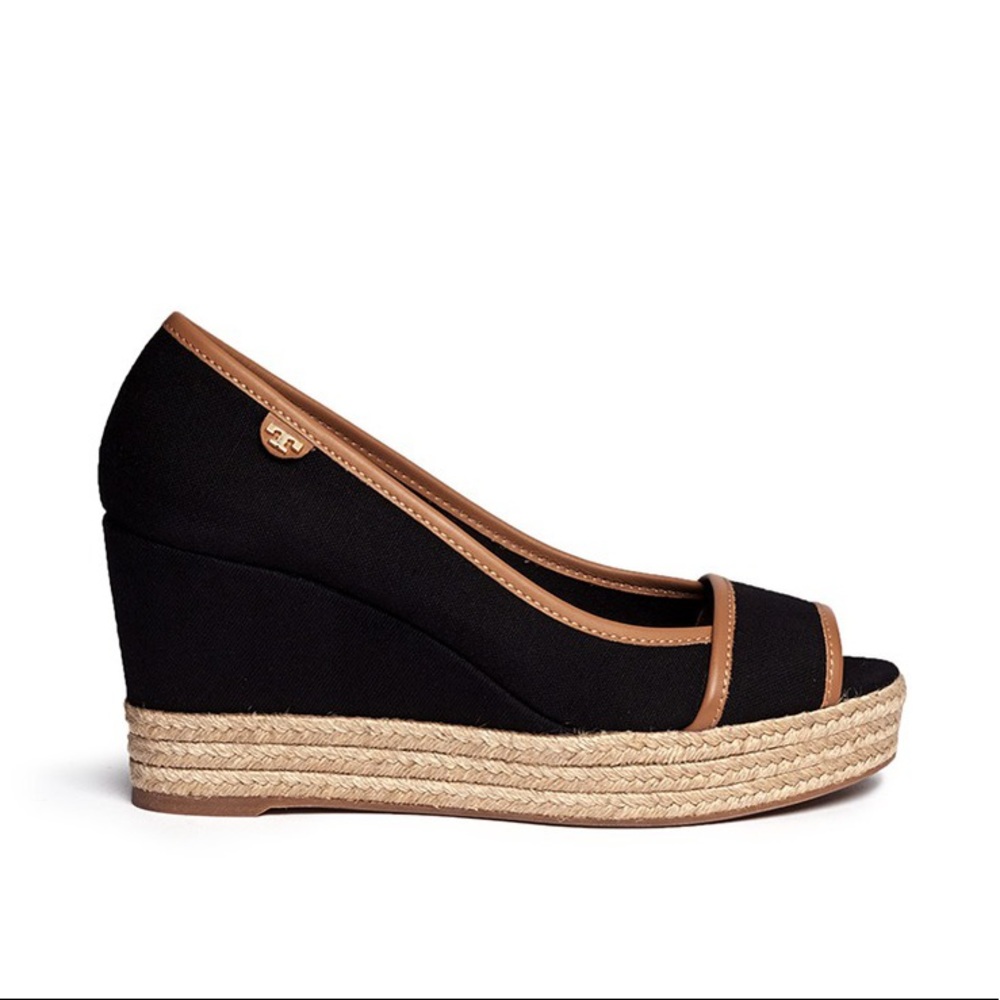 NWOT Tory Burch Majorca Canvas Espadrille Wedge Sandals In Black/ Royal Tan